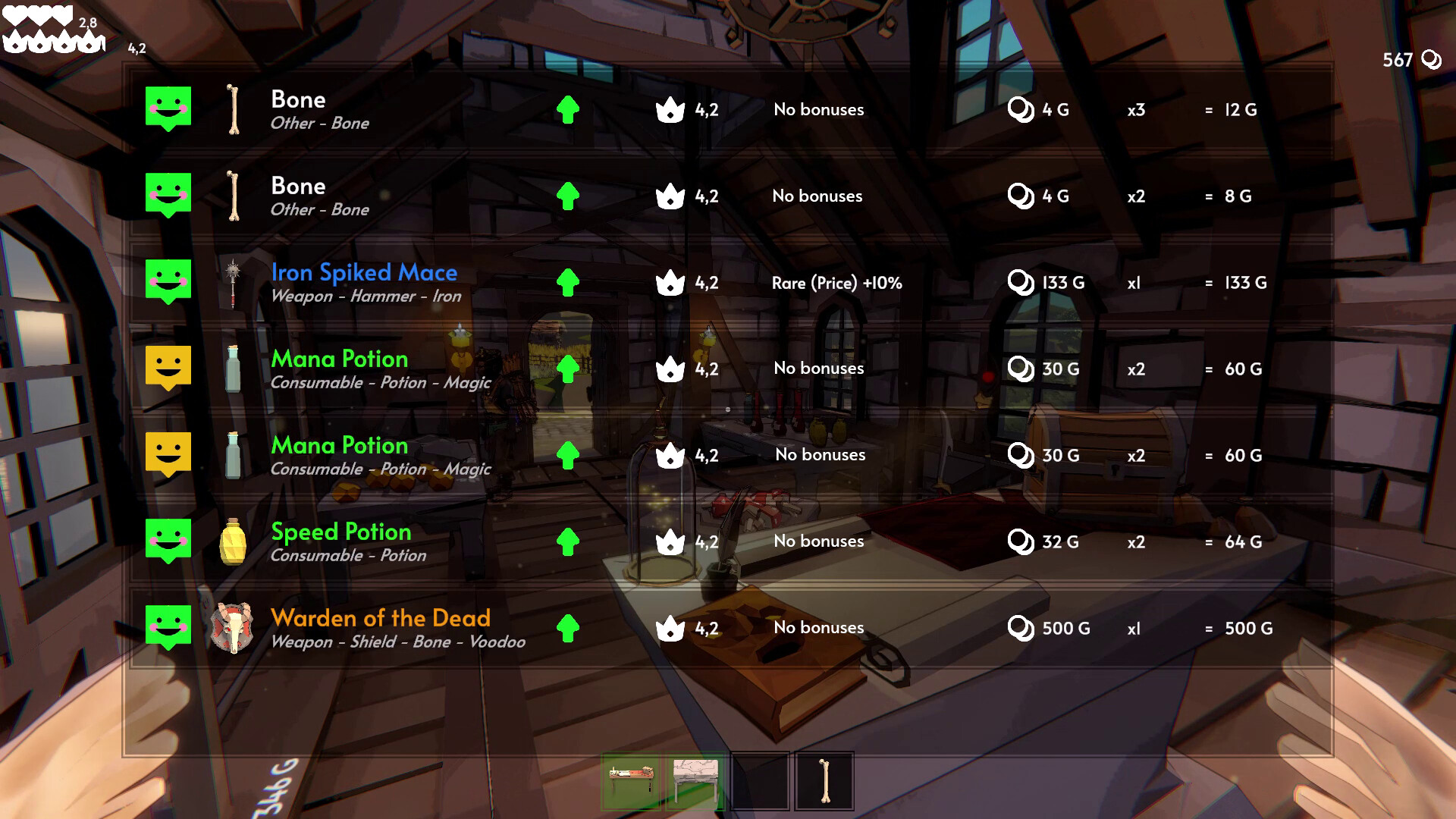 Fell & Sell sales screen listing items with demand arrows, prices and bonuses