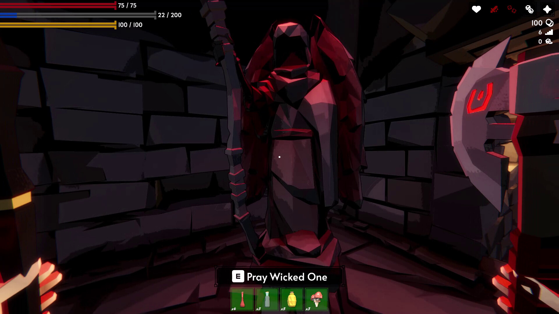Dark prayer shrine inside a Fell & Sell dungeon offering a wicked boon